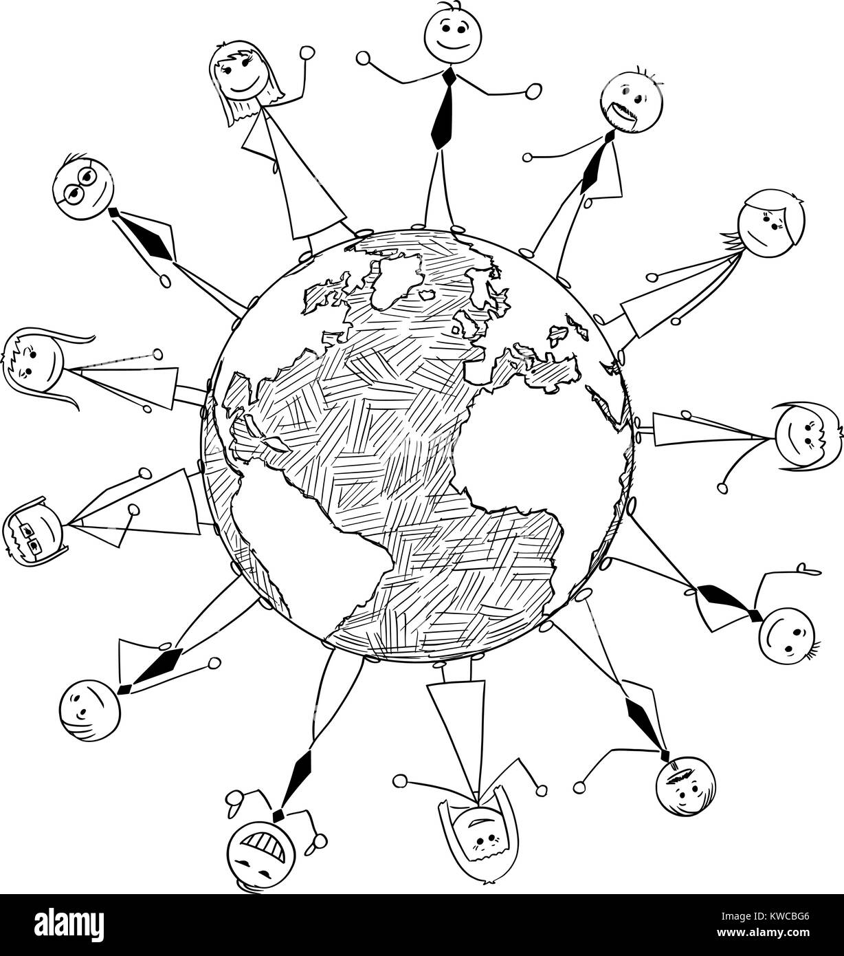 Cartoon stick man drawing conceptual illustration of international cooperation of business people standing around the planet Earth world globe. Stock Vector