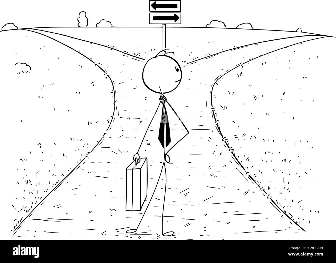 Cartoon stick man drawing illustration of businessman standing on the crossroad and making choice or decision. Concept of business career opportunitie Stock Vector