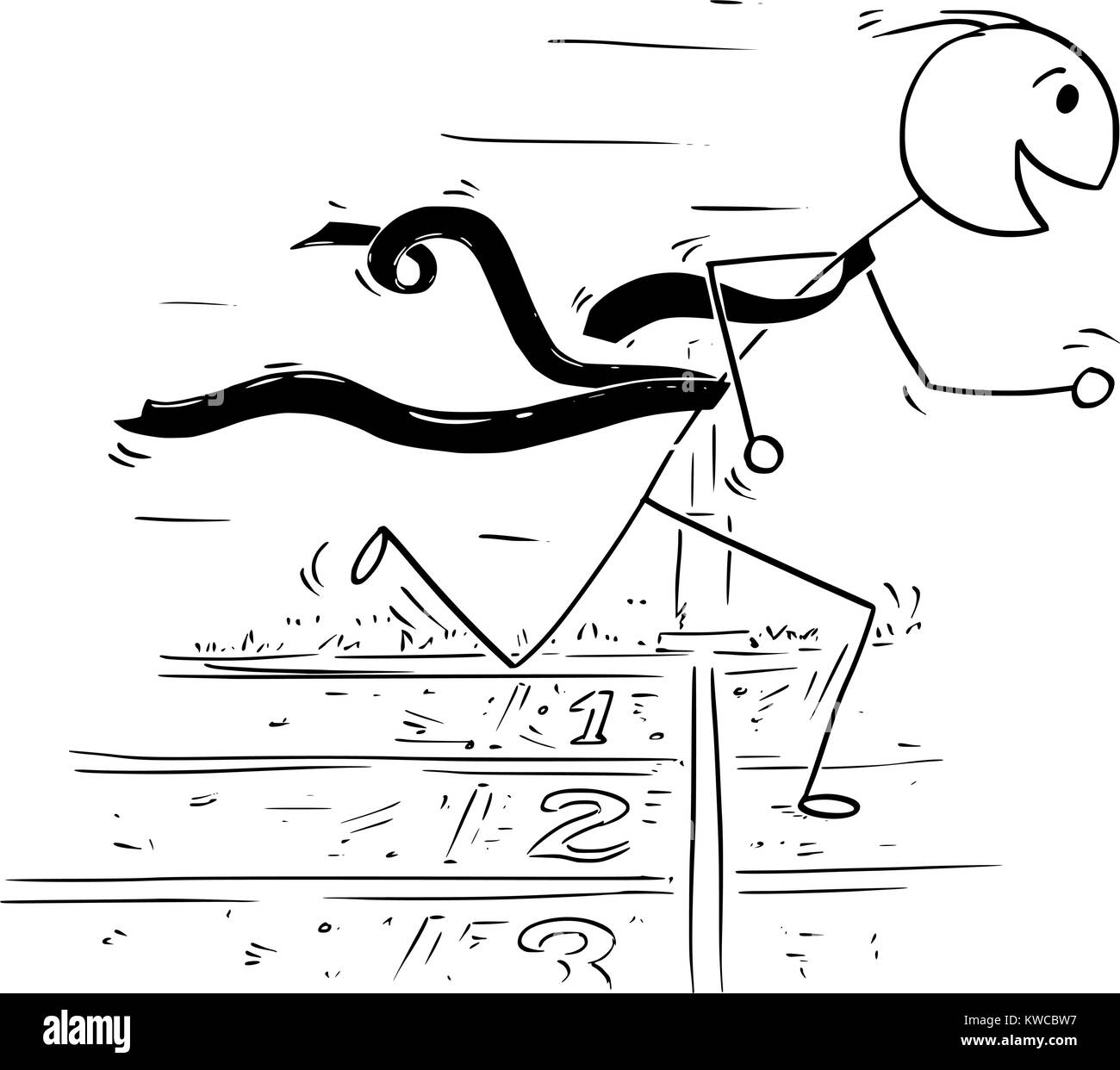 Cartoon stick man drawing conceptual illustration of businessman running at the finish line, winning the race. Concept of business success against com Stock Vector