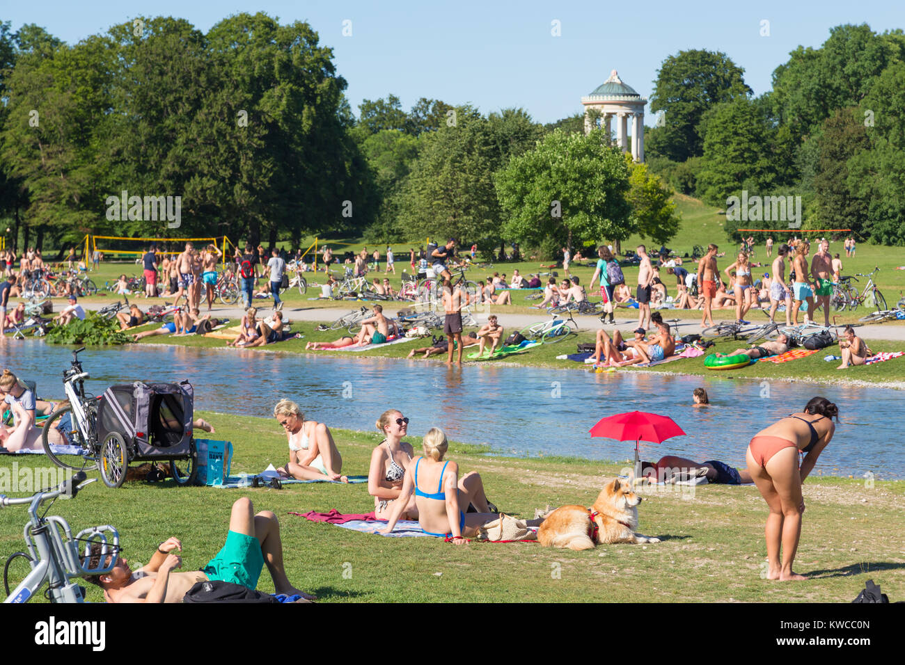 People enjoying the summer day in Englischer Garten city park in Munich, Germany. Stock Photo