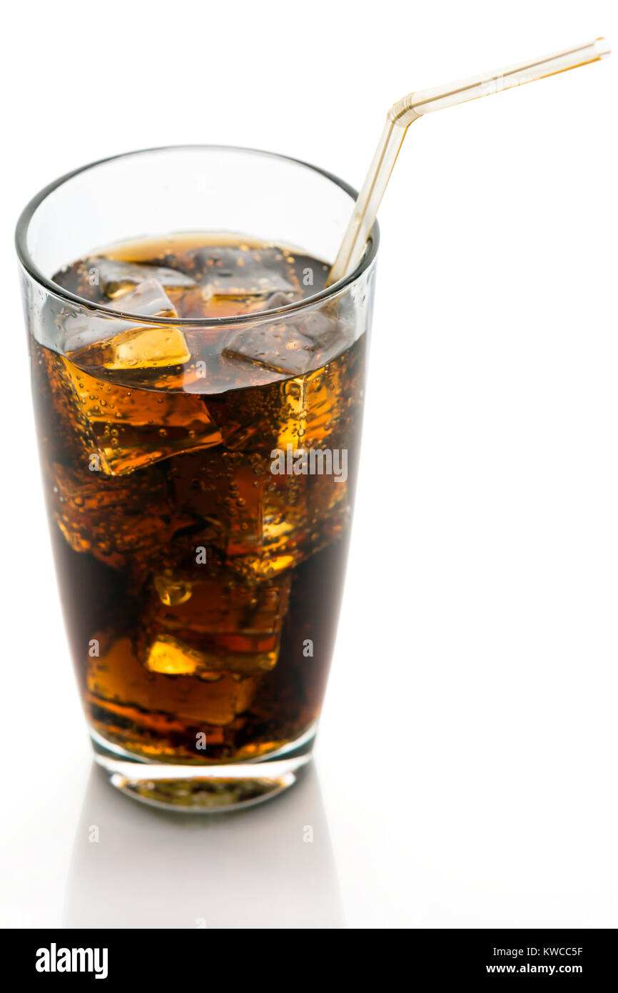 Glass of cola with ice cubes and straw isolated on white background ...