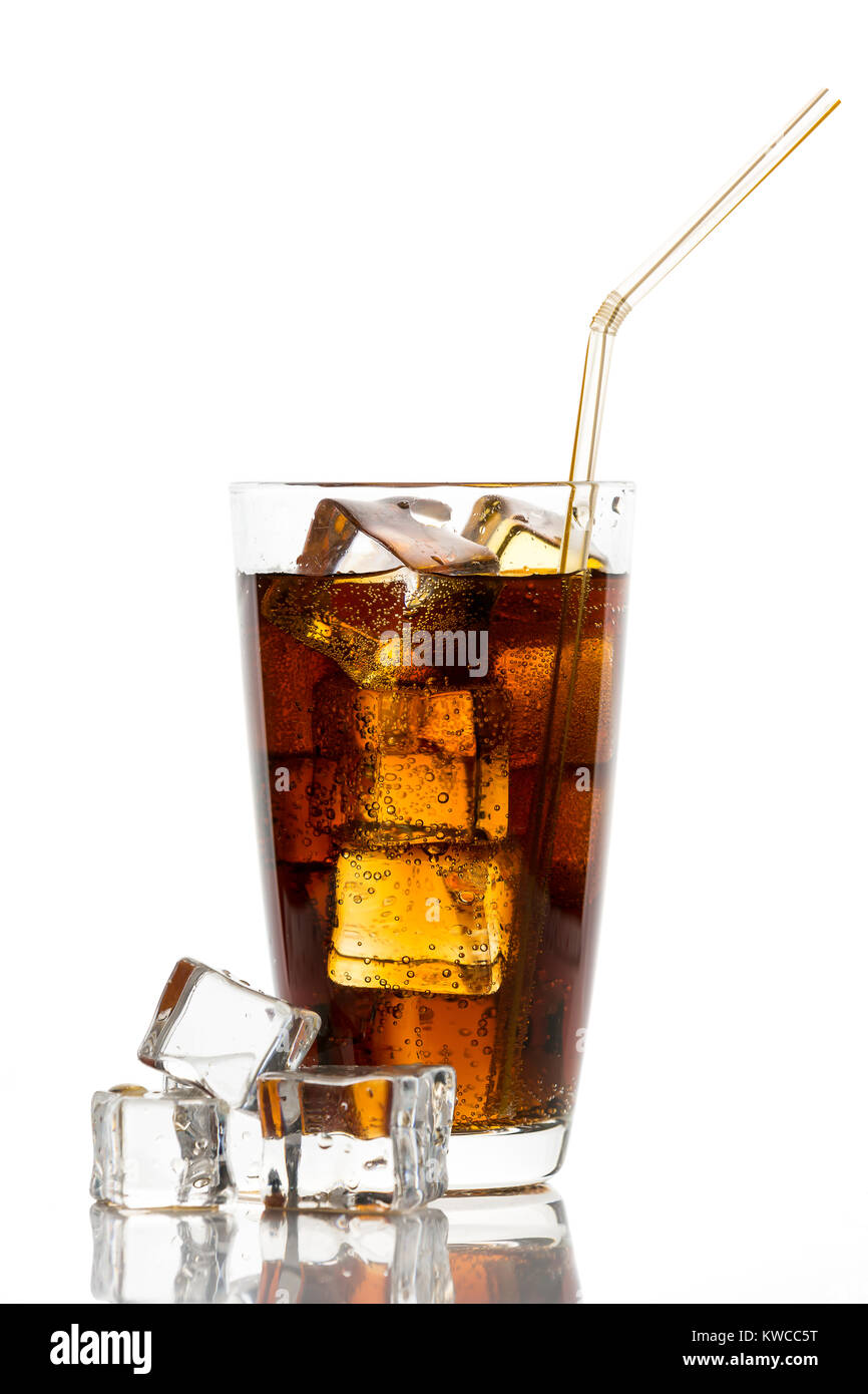 Glass of cola with ice cubes and straw isolated on white background ...