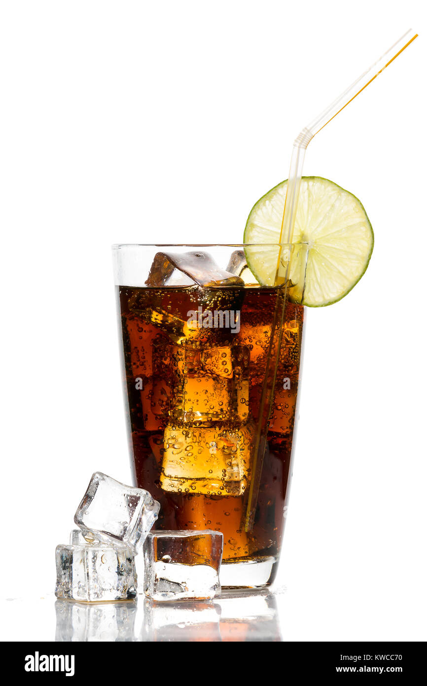 Glass of cola with ice cubes, lime and straw isolated on white ...
