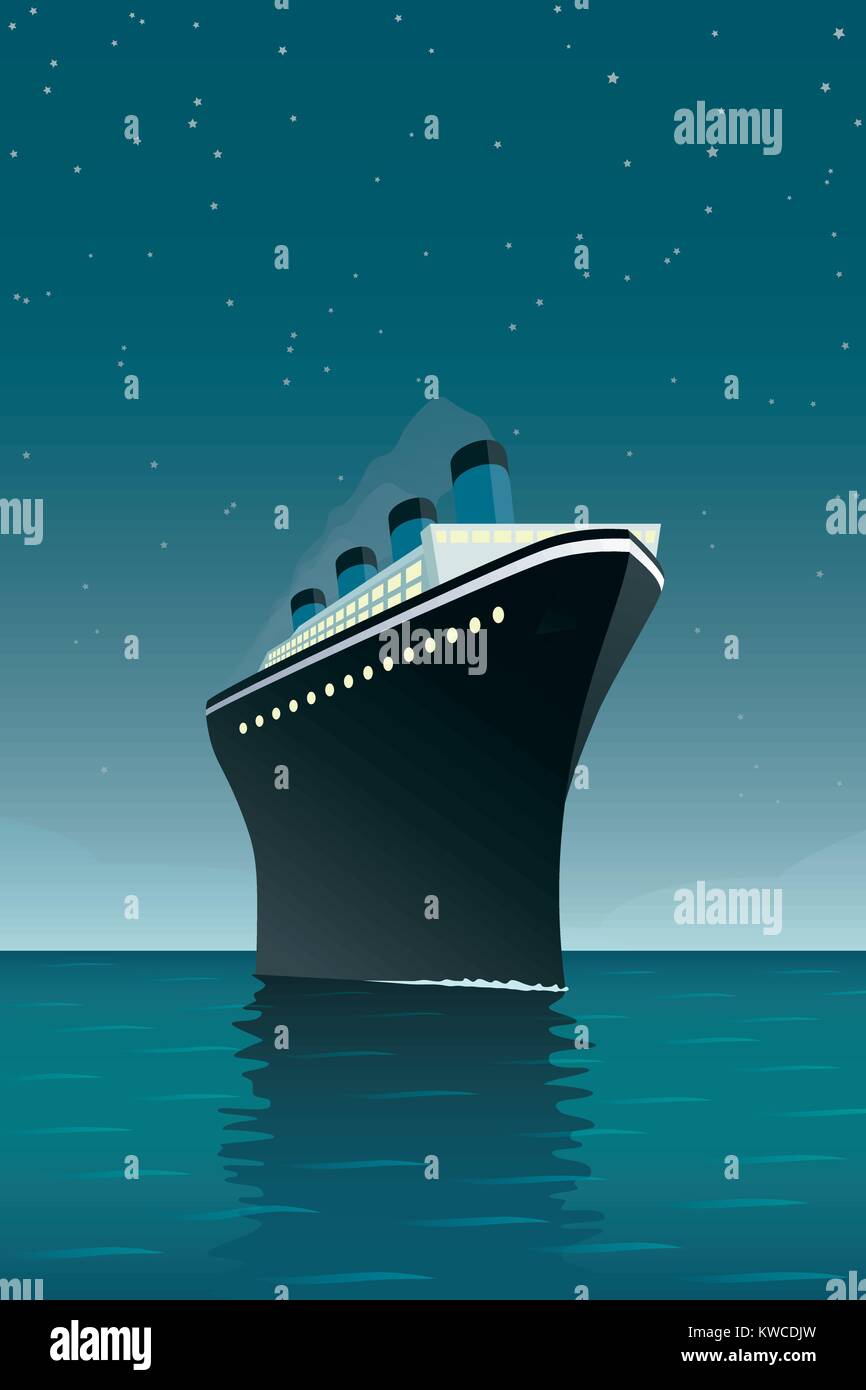 Vintage style vector illustration of giant cruise ship on the ocean at ...