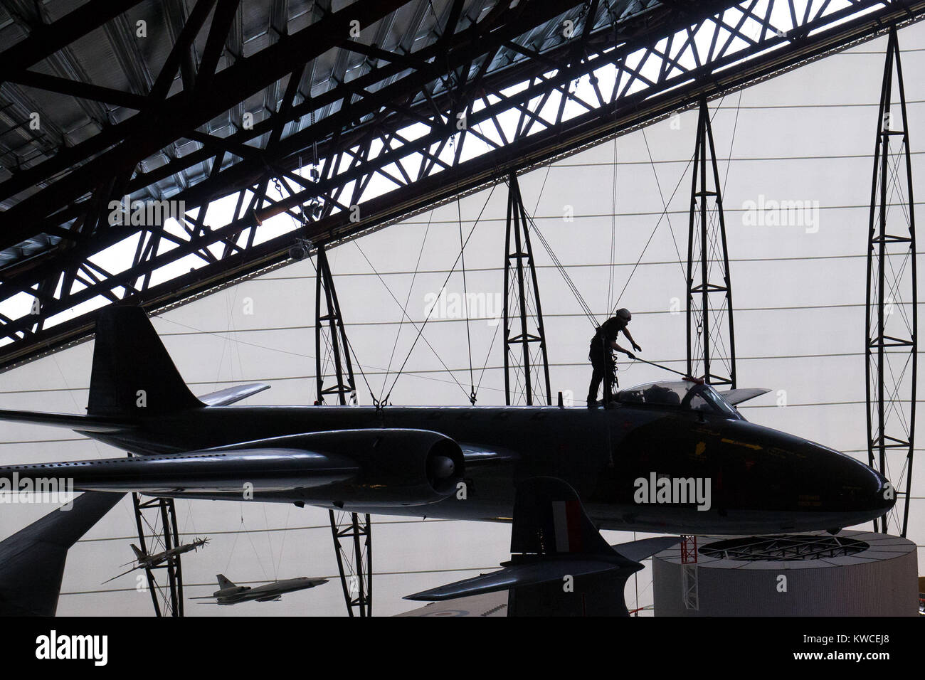The annual high-level aircraft cleaning and maintenance takes place at the RAF Cosford Museum in Shifnal. Stock Photo