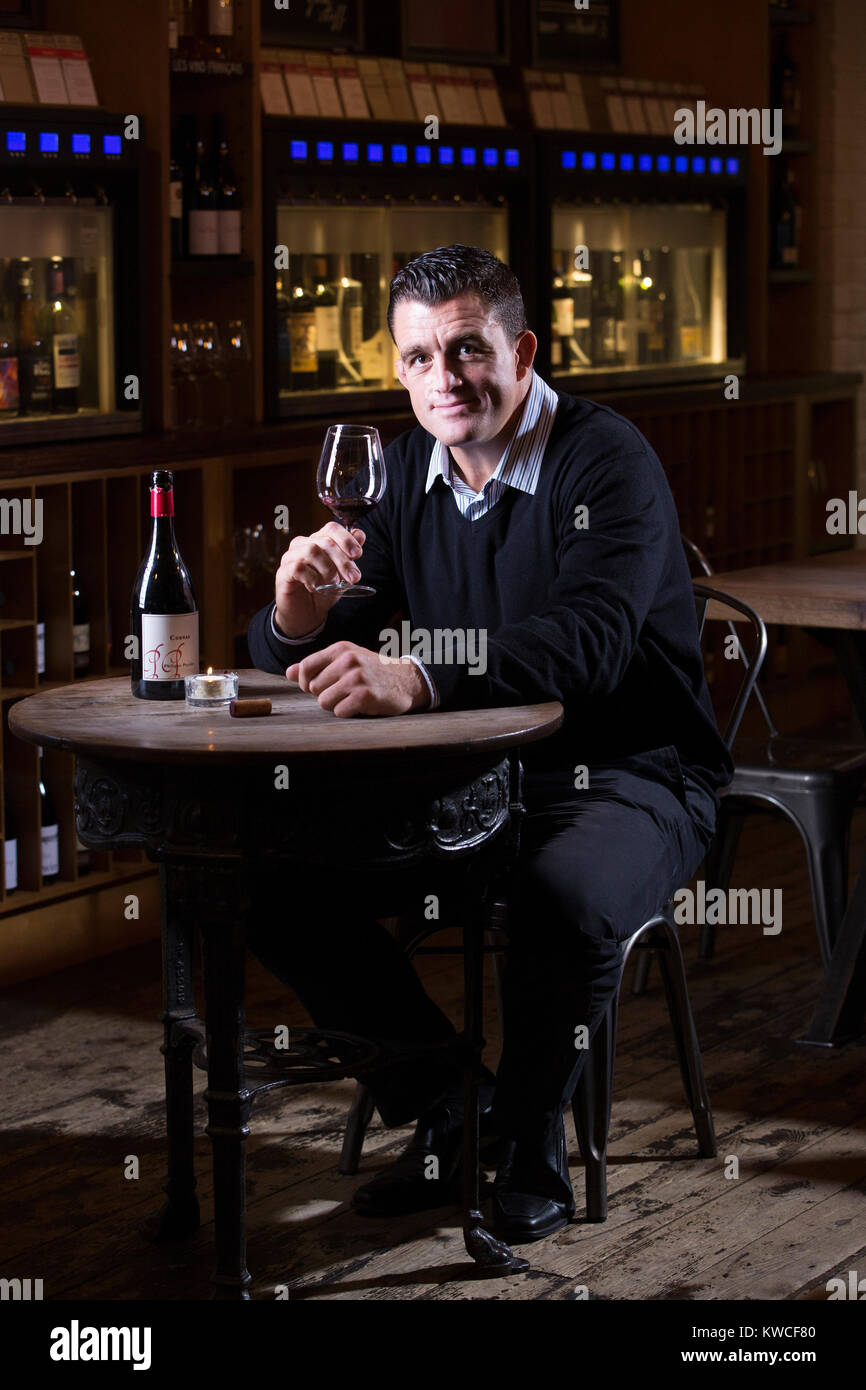 Andrew Sheridan, former England prop in world rugby, now holder of Wine and Spirit Education Trust Diploma, photographed at Vagabond, London UL Stock Photo