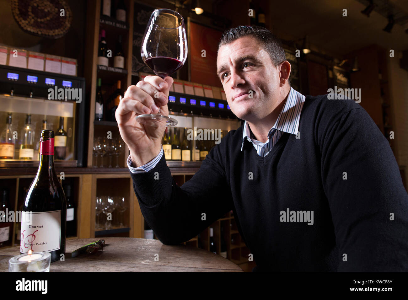 Andrew Sheridan, former England prop in world rugby, now holder of Wine and Spirit Education Trust Diploma, photographed at Vagabond, London UL Stock Photo