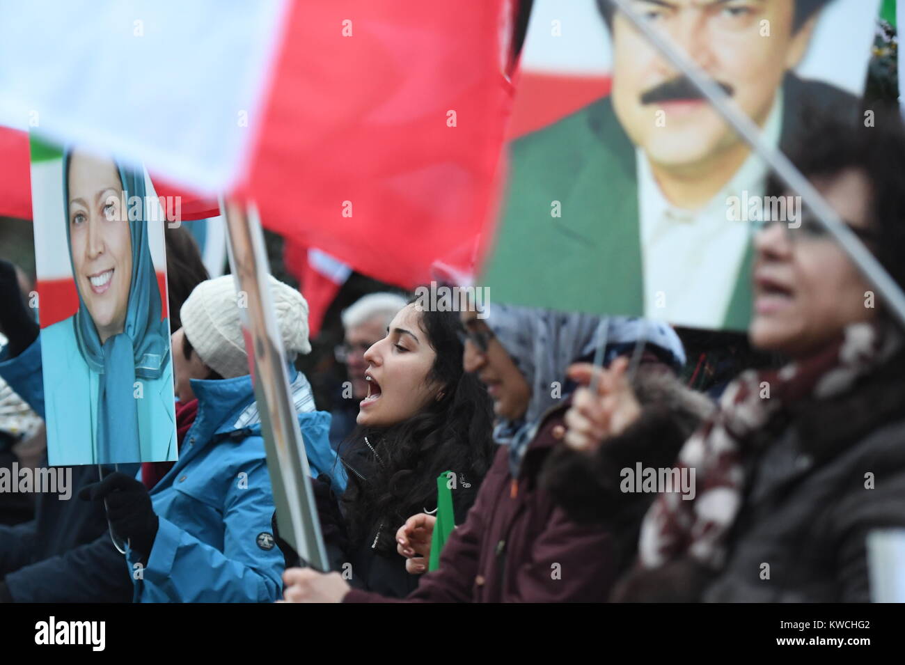 Supporters of the People's Mojahedin Organisation, Iran's main opposition, rallying outside the Iranian regime's embassy, London, in solidarity with Iranian people's protests nationwide. Stock Photo