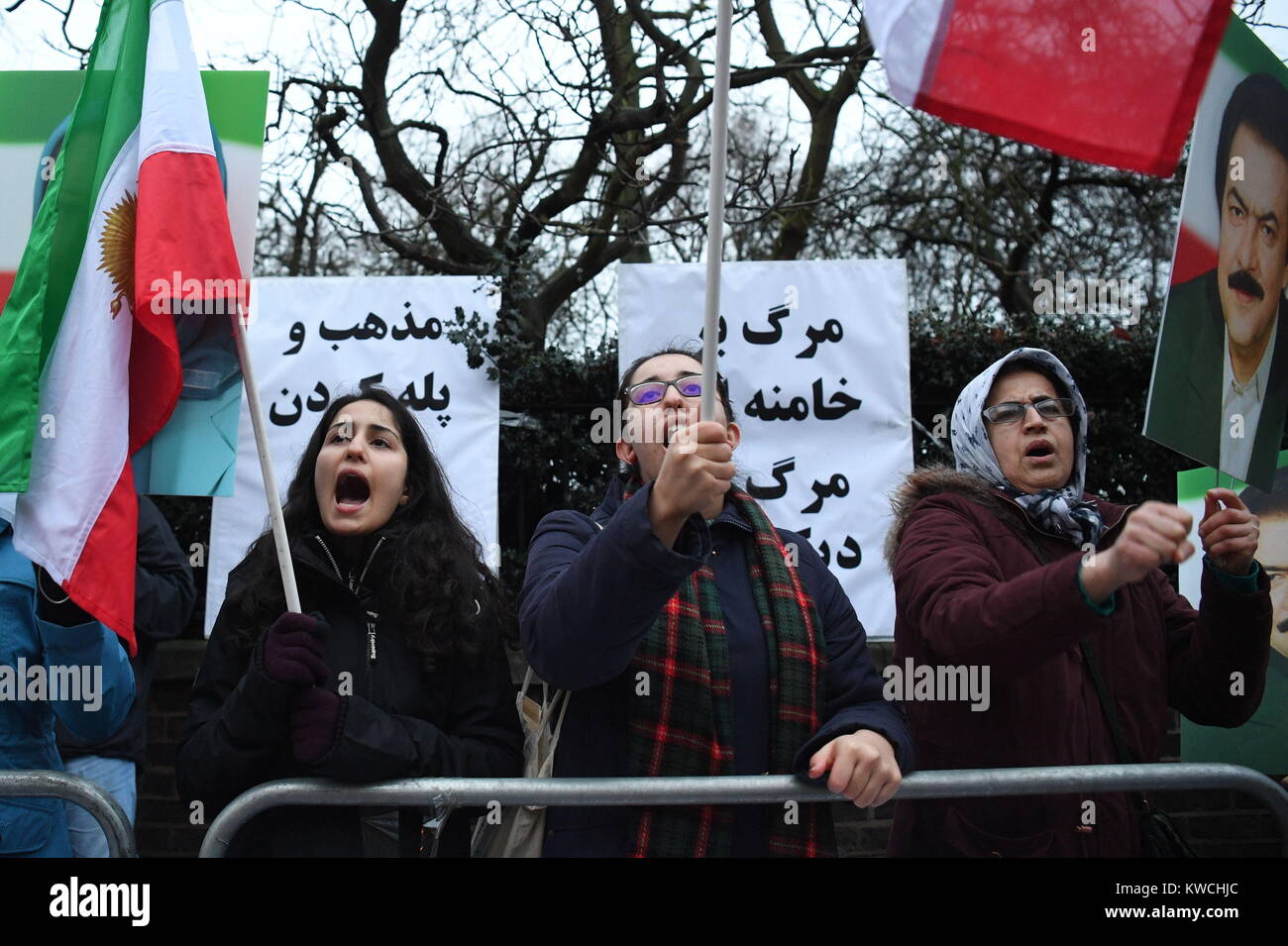 Supporters of the People's Mojahedin Organisation, Iran's main opposition, rallying outside the Iranian regime's embassy, London, in solidarity with Iranian people's protests nationwide. Stock Photo