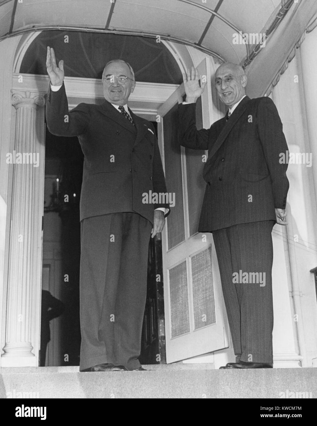 President Truman and Prime Minister Mohammed Mossadegh of Iran at Blair House. Oct. 23, 1951. Mossadegh travel to the U.S. to defend Iran's nationalization of the oil industry to Truman and UN Security Council. - (BSLOC 2014 14 32) Stock Photo