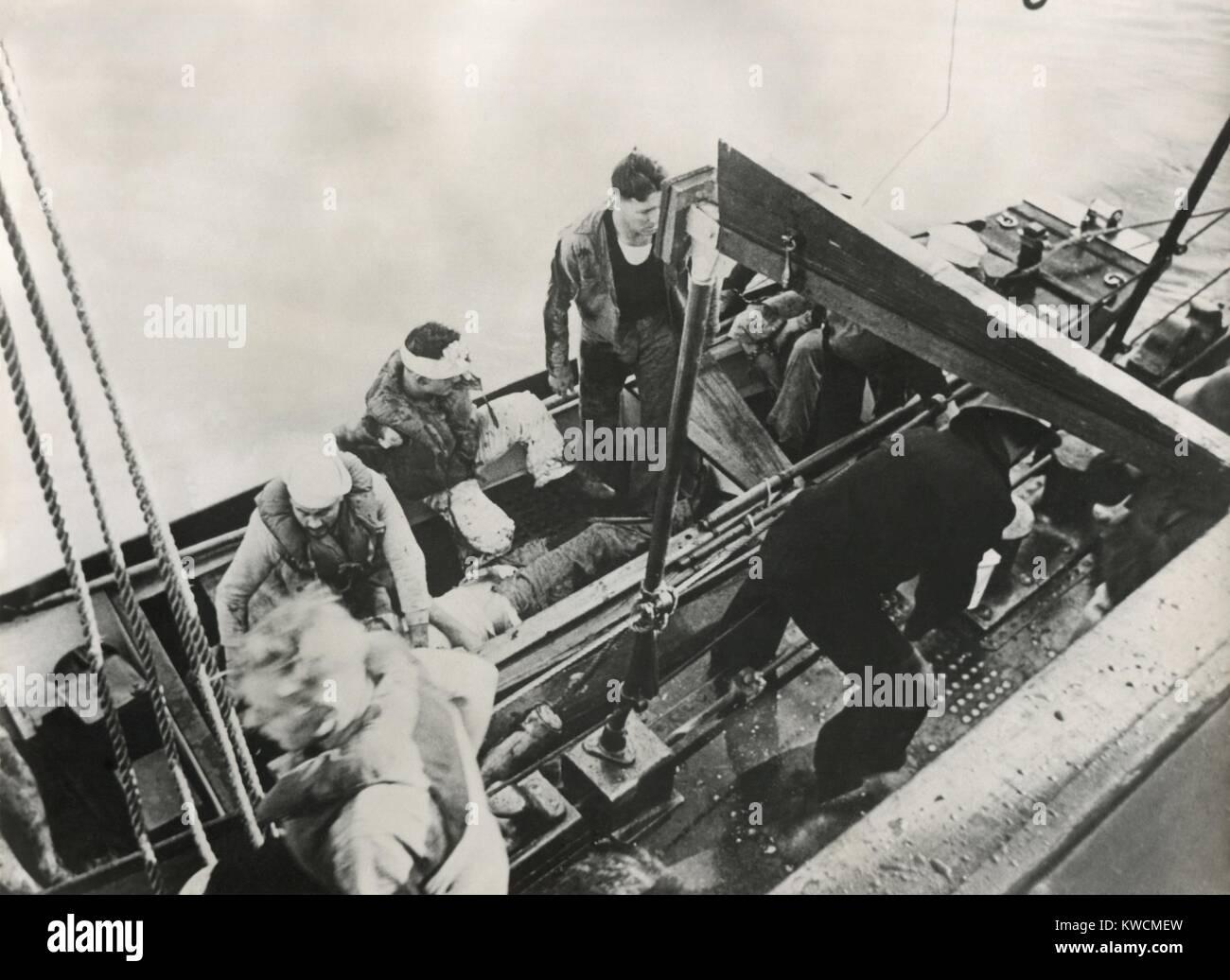 Wounded sailors of the gunboat USS Panay, Dec. 12, 1937. They were attacked by Japanese aircraft while anchored in the Yangtze River outside Nanjing. The Panay and three oil tankers were damaged and 3 sailors were killed - (BSLOC 2014 15 156) Stock Photo