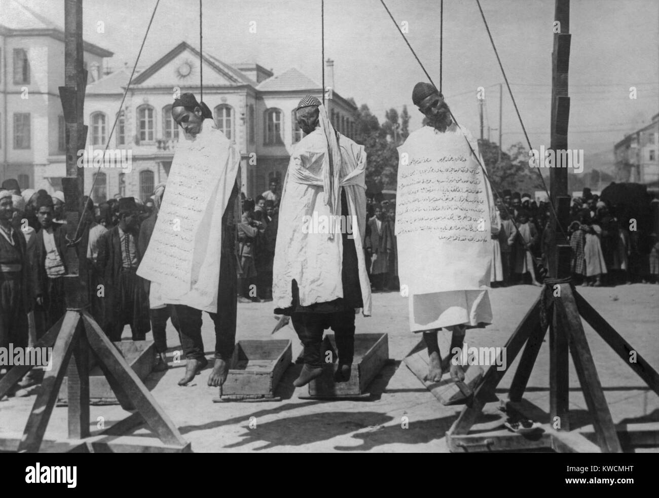 Triple hanging of Druse 'bandits' in Marjeh Square, Damascus, for the murder of French officers. The image may be related to the Great Druze Revolt from July 1925 – June 1927. - (BSLOC 2014 15 195) Stock Photo