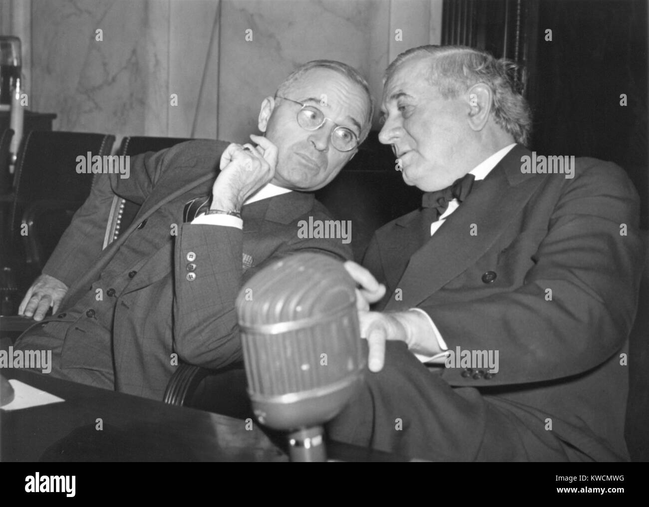 Senators Harry Truman and Tom Connally in an off-mike conversation on Oct.31, 1941. They are reacting to news that the American destroyer Reuban James had been sunk by a German submarine while on convoy duty near Iceland. Of the 159-man crew, only 44 survived. - (BSLOC 2014 14 16) Stock Photo