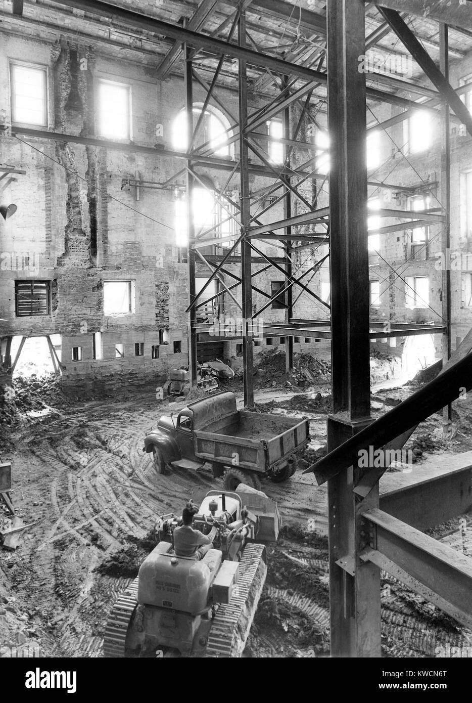 Renovation of the White House during the Truman Administration. Construction equipment inside the gutted White House. Only the brick outer walls remain of the old building. May 17, 1950. - (BSLOC 2014 15 121) Stock Photo