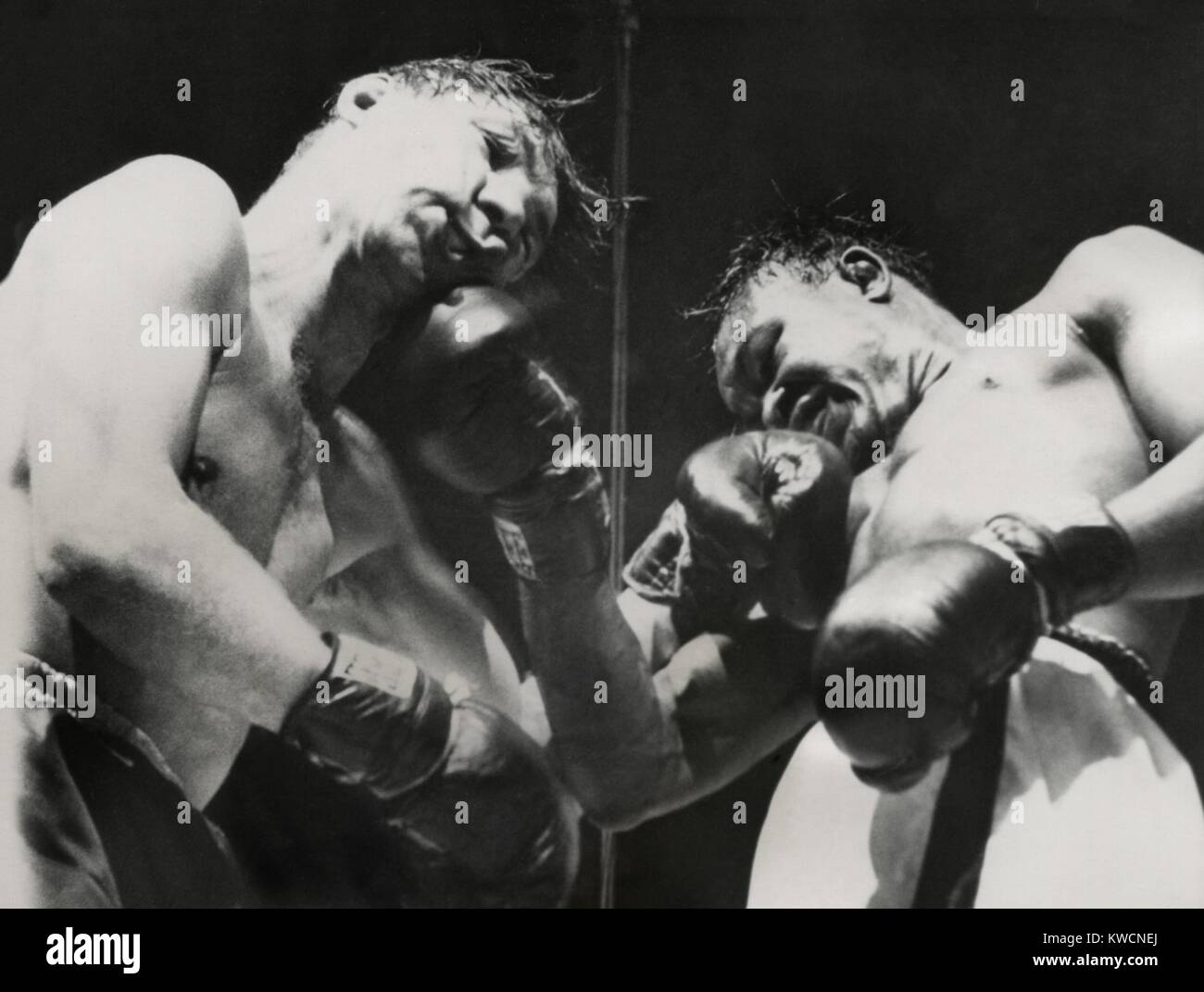 Kid Gavilan (right) vs. Billy Graham, in 6th round at Madison Square Garden. Feb. 13, 1950. The Welterweight boxers fought four times, with Gavilan winning three bouts. - (BSLOC 2014 17 155) Stock Photo