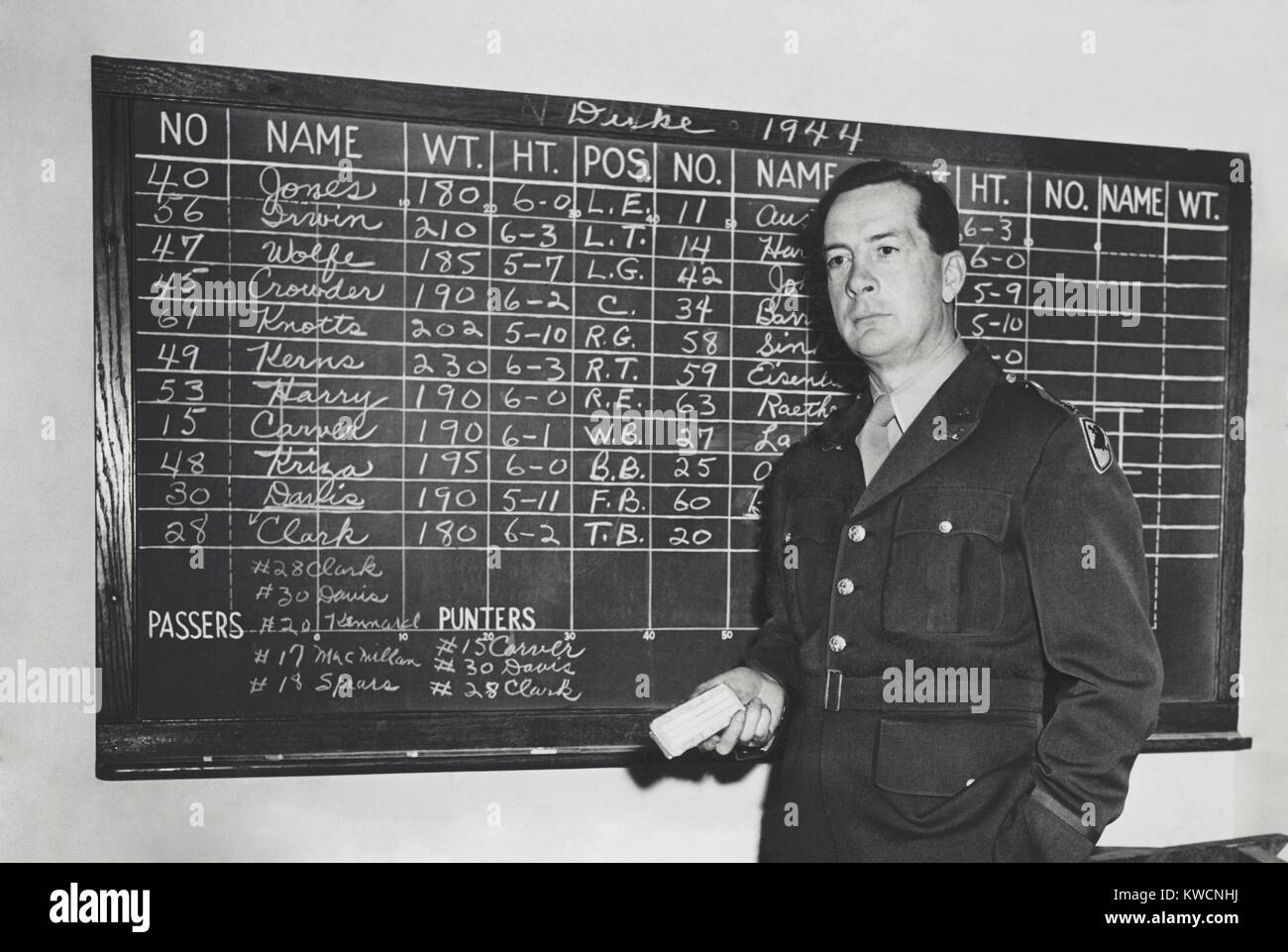 Earl (Red) Blaik was football coach at the United States Military Academy from 1941 to 1958. The blackboard data lists the names, weights, heights, and playing positions of the opponent (Duke University) players. Oct. 27, 1944. - (BSLOC_2014_17_172) Stock Photo