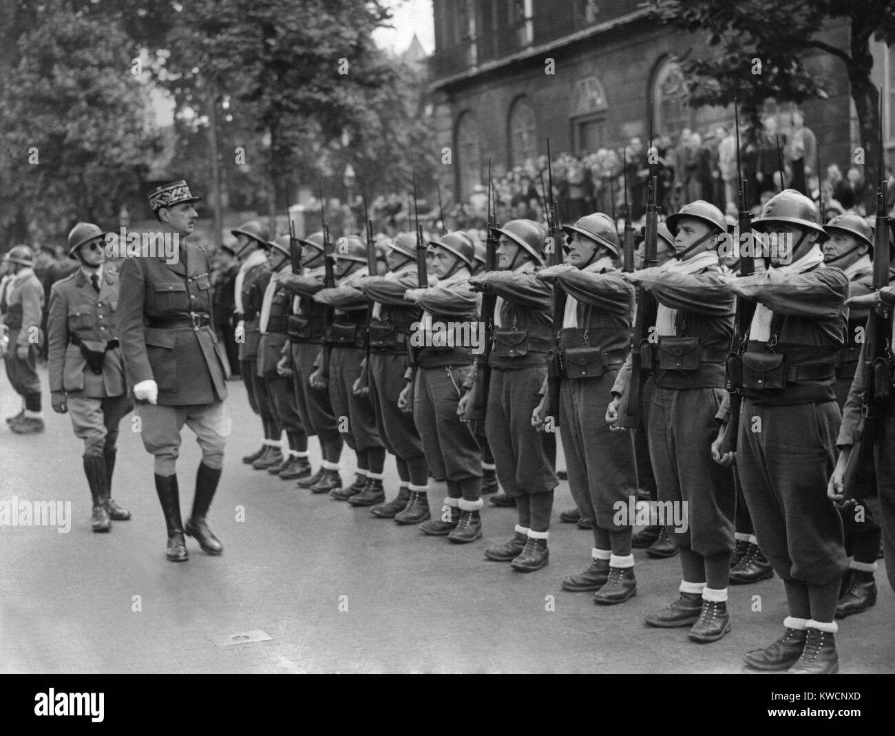General Charles de Gaulle, inspecting Free French Forces during Bastille Day ceremonies in London. July 14, 1940. - (BSLOC 2014 15 235) Stock Photo