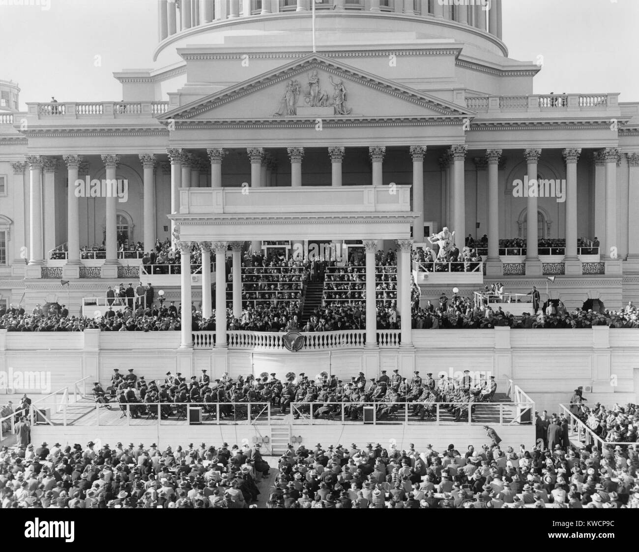 View of the inauguration of President Harry Truman showing the President speaking at the podium. Jan. 20, 1949. - (BSLOC 2014 15 57) Stock Photo