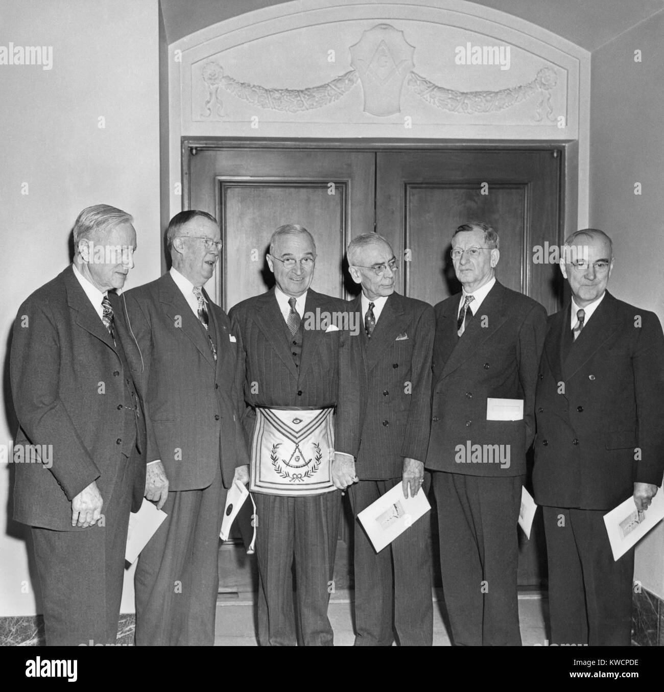 President Harry Truman wearing his Masonic regalia. He was visiting the George Washington National Masonic Memorial in Alexandria, Virginia. Feb. 22, 1950. - (BSLOC 2014 15 84) Stock Photo