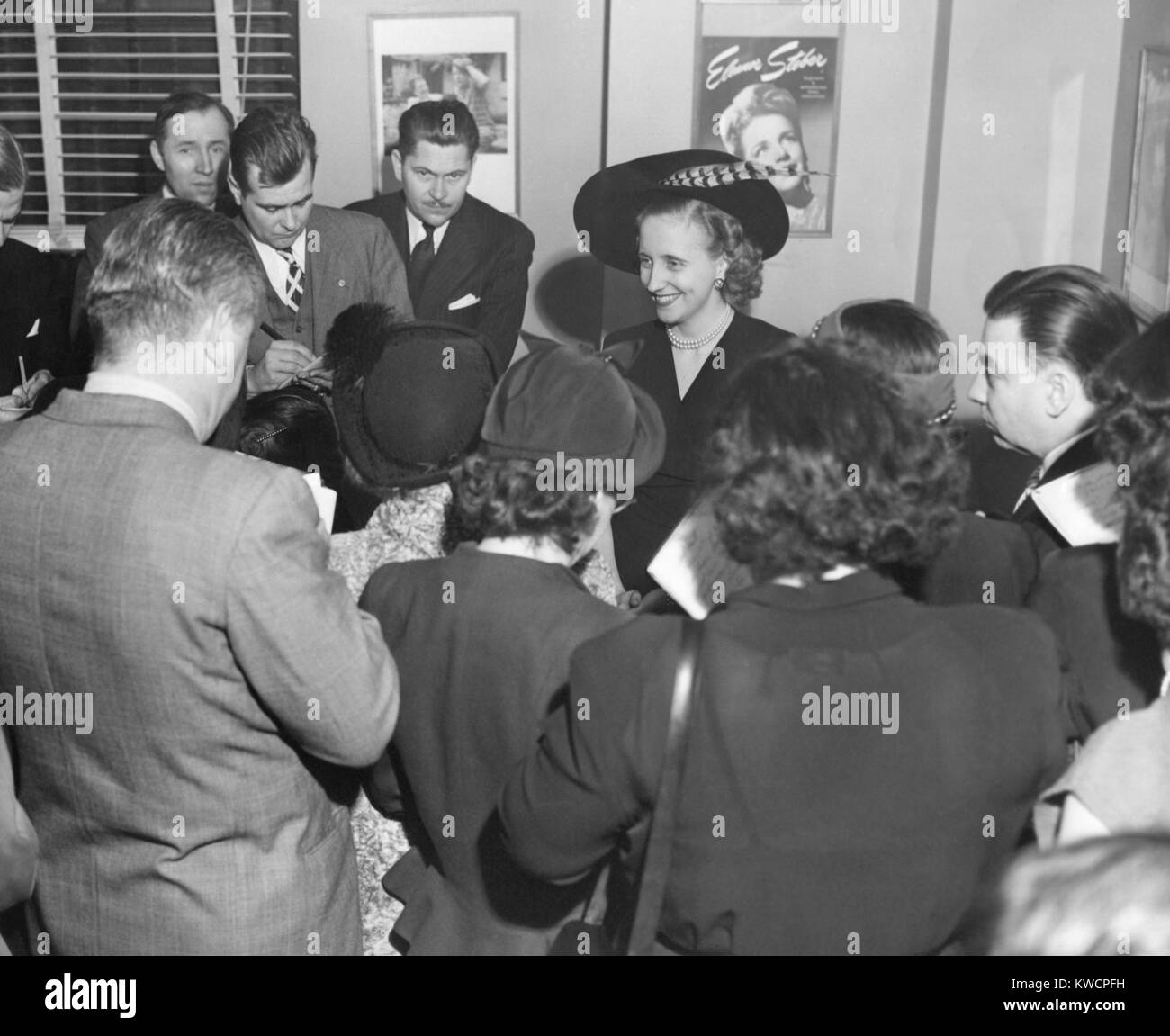 Margaret Truman, holds a press conference in the office of her manager, James Davidson. Feb. 4. 1949. She said she was planning to come to New York to study further in singing and to plan a concert tour. - (BSLOC_2014_15_98) Stock Photo