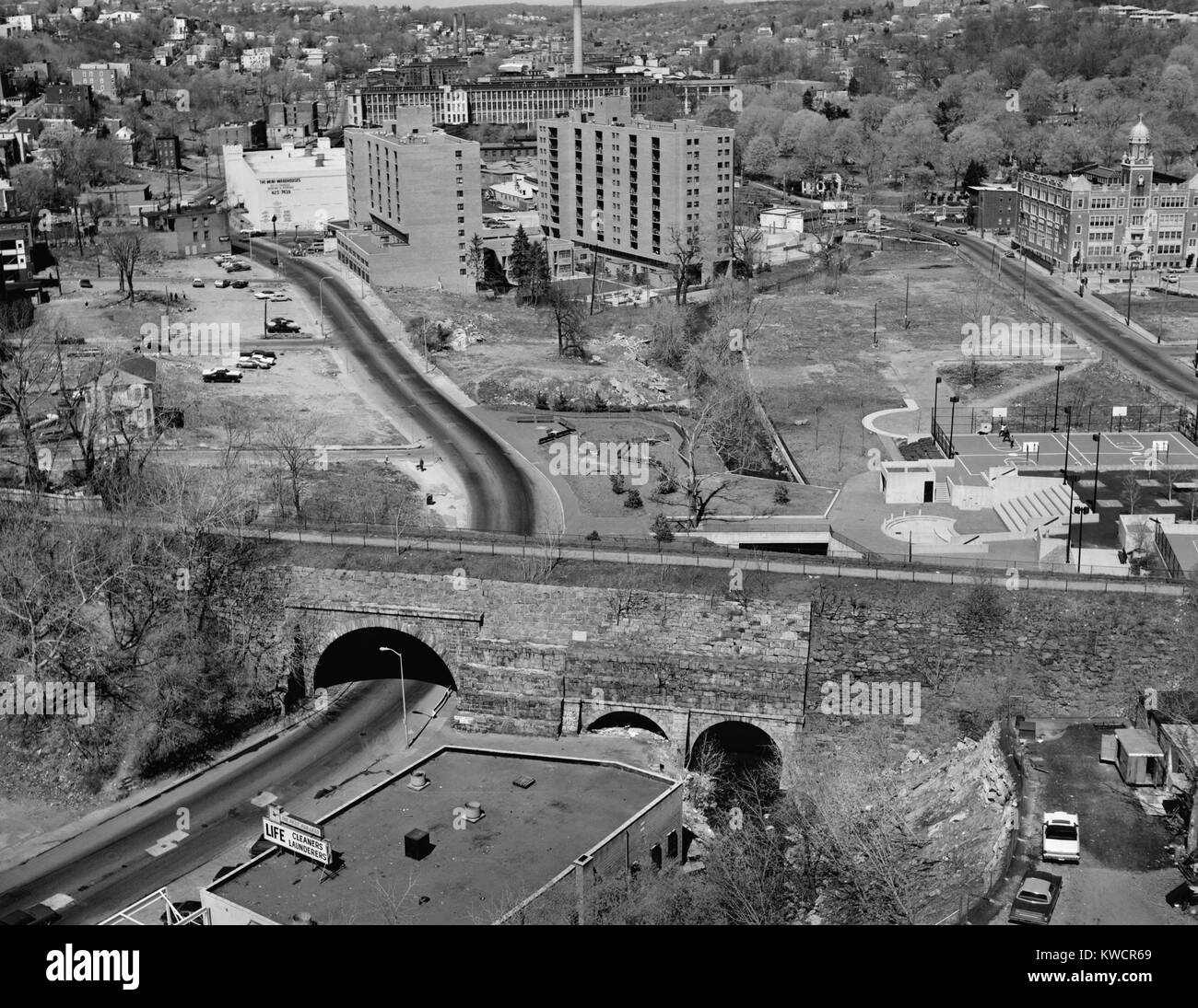 Yonkers, New York, ca. 1980. Aerial view showing Old Croton Aqueduct