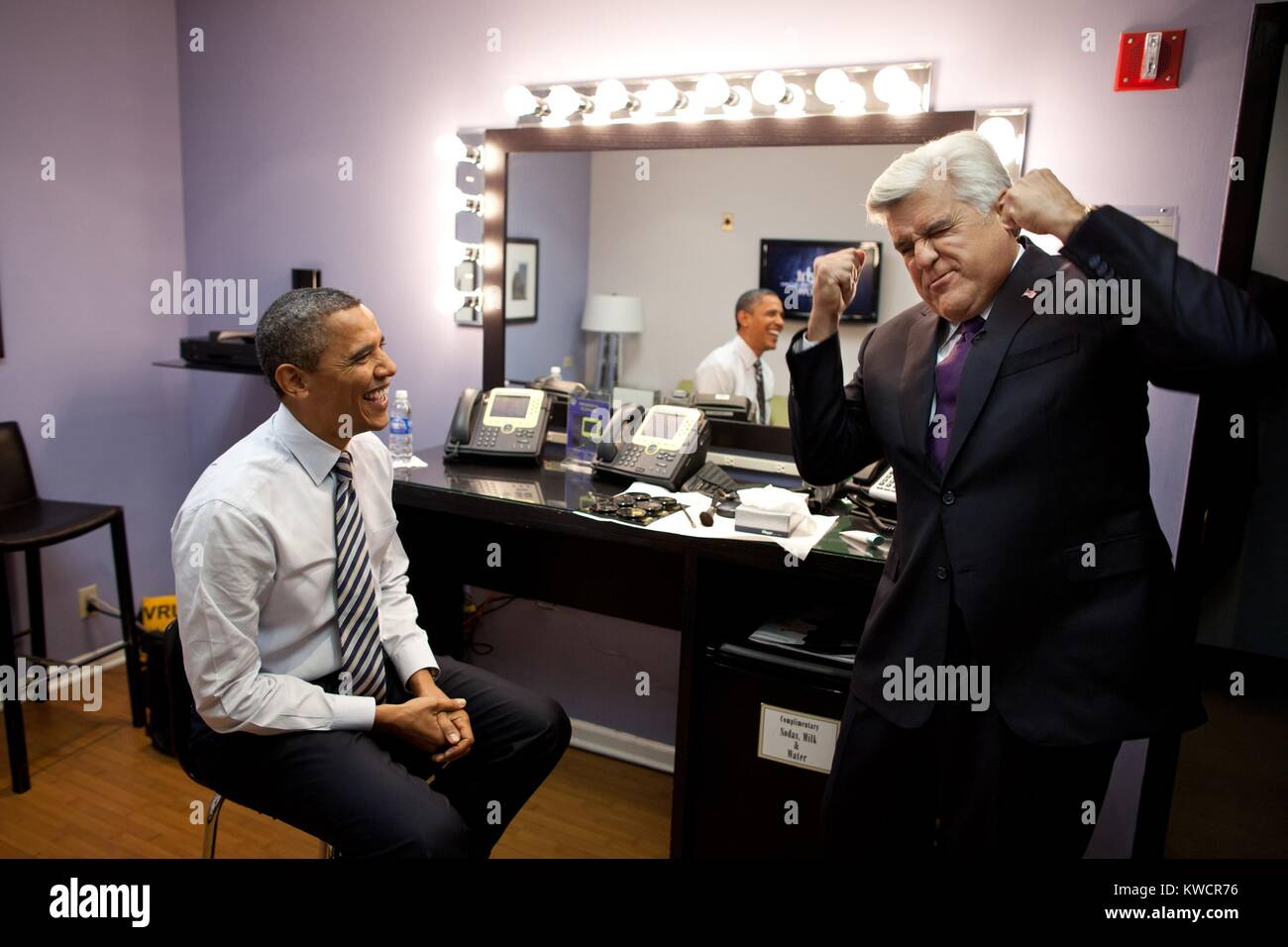 President Barack Obama and Jay Leno joke backstage at NBC Studios in Burbank, Calif. Oct. 25, 2011. (BSLOC 2015 3 108) Stock Photo