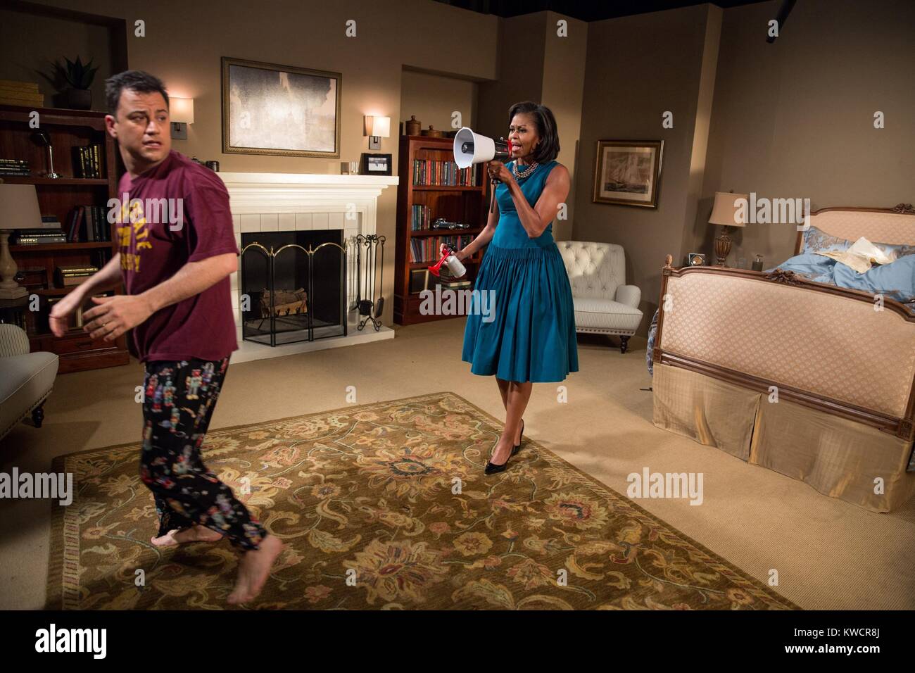 First Lady Michelle Obama tapes a skit with Jimmy Kimmel prior to their appearance for 'Jimmy Kimmel Live!' at the El Capitan Theatre in Los Angeles, Calif., Oct. 25, 2012. (Official White House Photo by Chuck Kennedy) (BSLOC 2015 3 123) Stock Photo