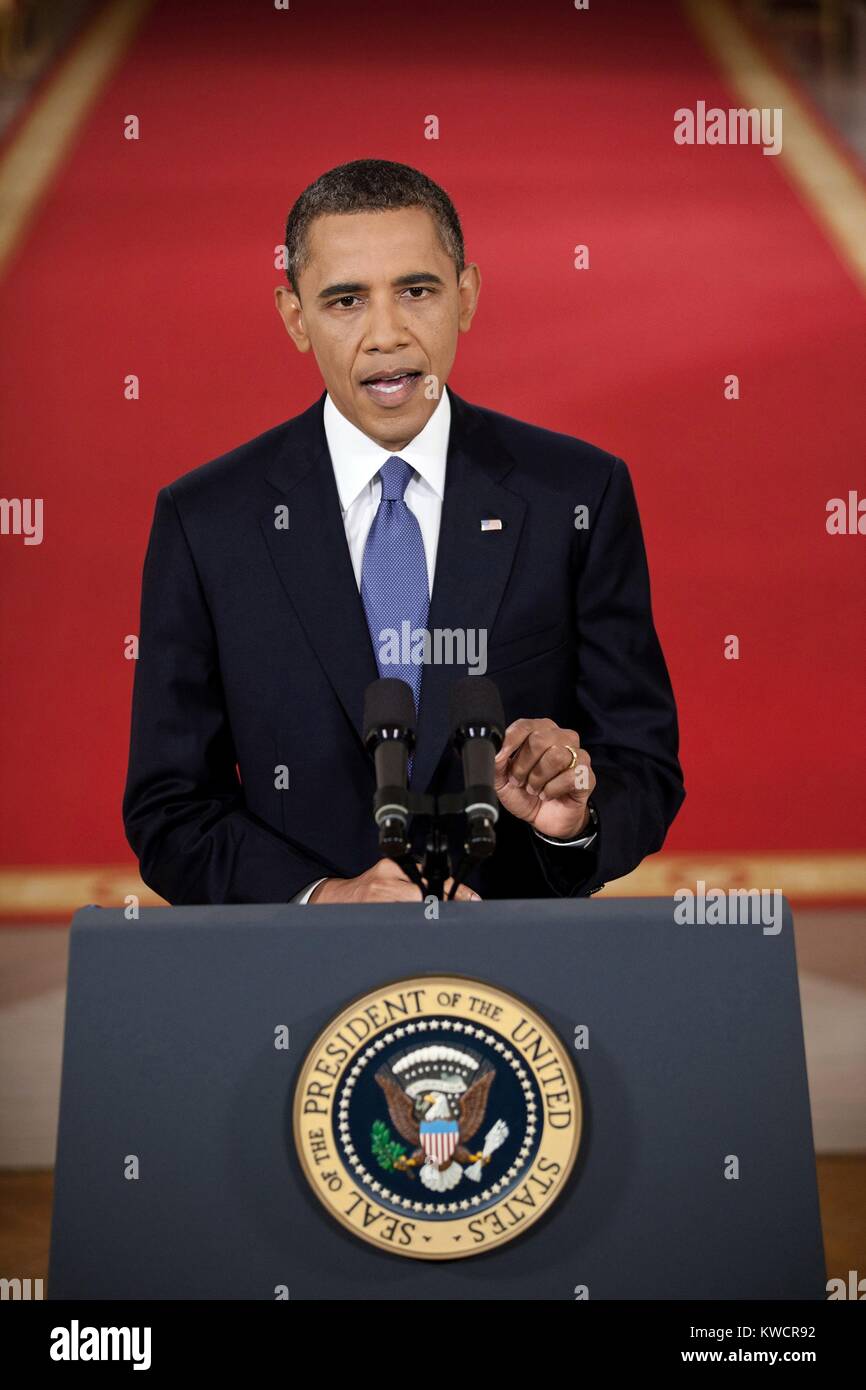 President Barack Obama addresses the nation on the draw down of American troops from Afghanistan. East Room of the White House, June 22, 2011. (BSLOC 2015 3 13) Stock Photo