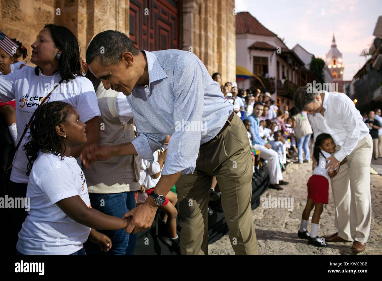 President Barack Obama after a Land Titling event at the Plaza de San Pedro, Cartagena, Colombia. Families were given titles to land they farmed for decades. President Juan Manuel Santos of Colombia is at right. April 15, 2012 (BSLOC 2015 3 160) Stock Photo