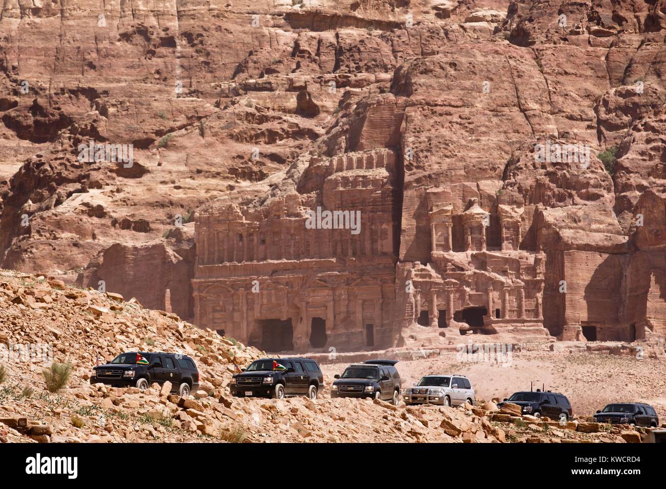 President Barack Obama's motorcade at the ancient city of Petra in Jordan. March 23, 2013. Established possibly in the 3rd C. B.C., it is Jordan's most-visited tourist attraction. (BSLOC 2015 3 184) Stock Photo