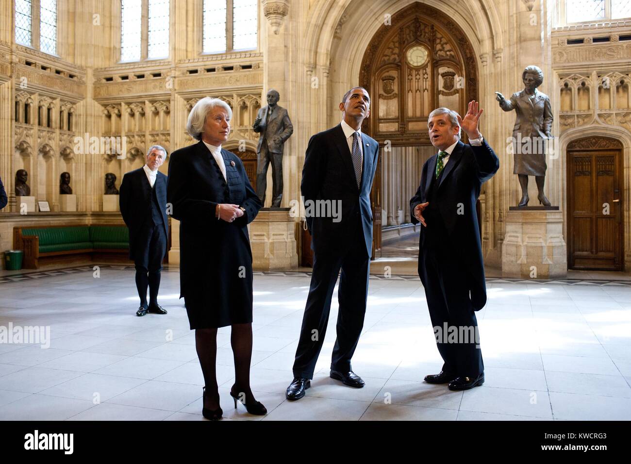 President Barack Obama tours the House of Commons Members' Lobby at Parliament in London. Commons Speaker John Bercow, and Lords Speaker Baroness Haymanare his guides. May 25, 2011. (BSLOC 2015 3 220) Stock Photo
