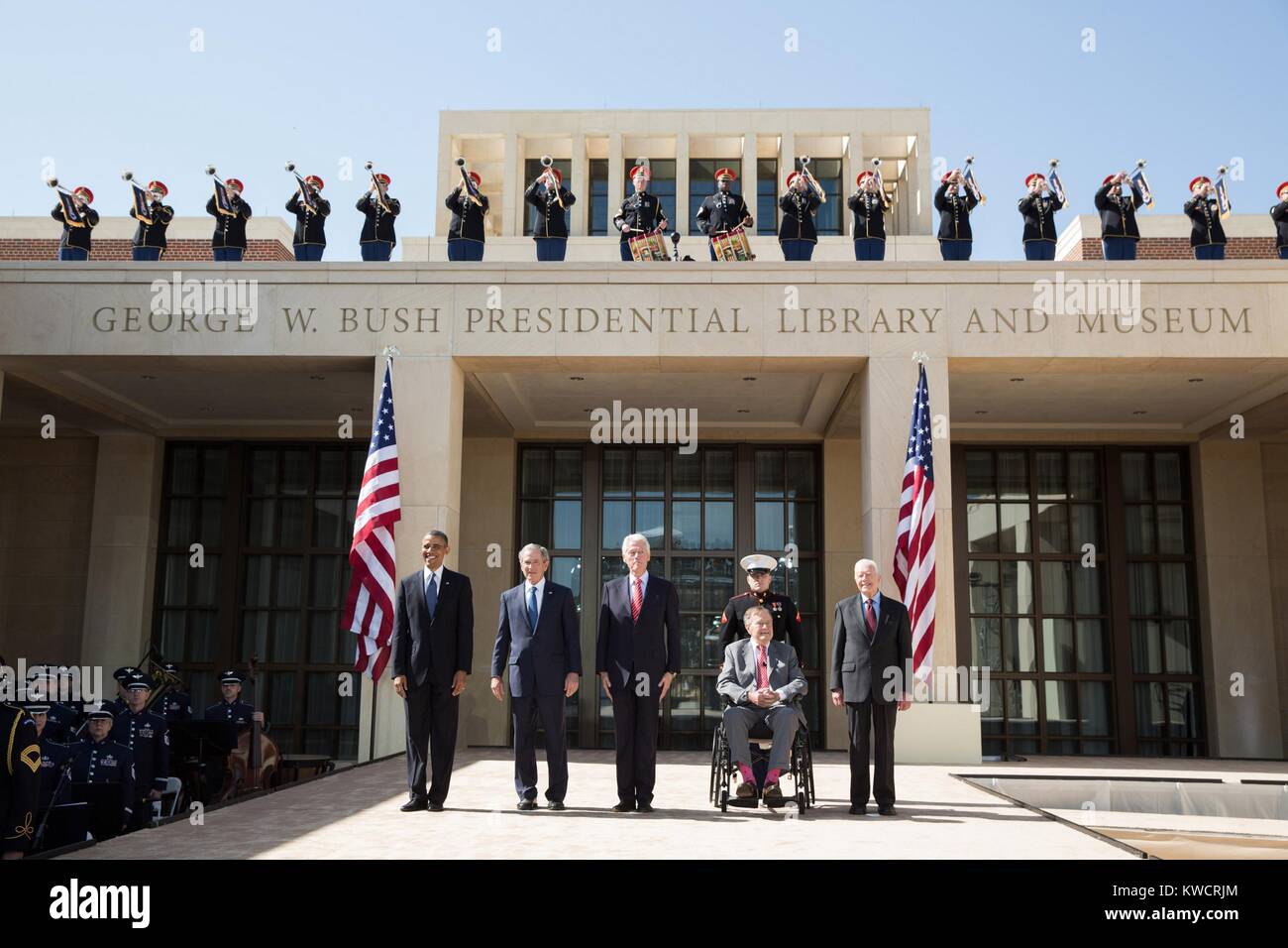President Barack Obama poses with former Presidents, April 25, 2013. L-R: Barack Obama; George W. Bush; Bill Clinton; George H.W. Bush; Jimmy Carter. They were attending the dedication of the George W. Bush Presidential Library and Museum, Southern Methodist University, Dallas, Texas. (BSLOC 2015 3 51) Stock Photo