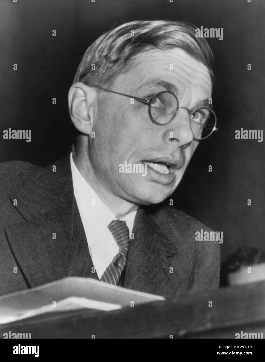 James Conant testifying before the Senate Foreign Relations Committee. In Feb. 1941, FDR's science advisor warned that Germany's military was supported by excellent science and technology. Conant was chairman of the National Defense Research Committee during WW2. - (BSLOC 2015 1 66) Stock Photo