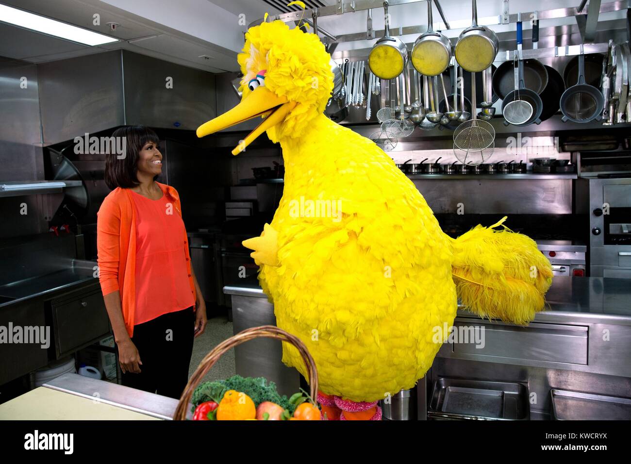 First Lady Michelle Obama with Big Bird in the White House Kitchen, Feb. 13, 2013. They were taping a 'Let’s Move!' and 'Sesame Street' public service announcement. (BSLOC 2015 3 120) Stock Photo