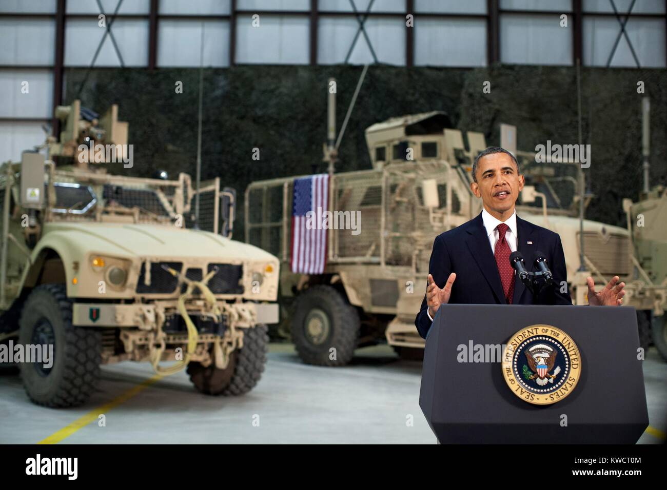 President Barack Obama addresses the nation from Bagram Air Field, Afghanistan, May 1, 2012. (BSLOC 2015 3 14) Stock Photo
