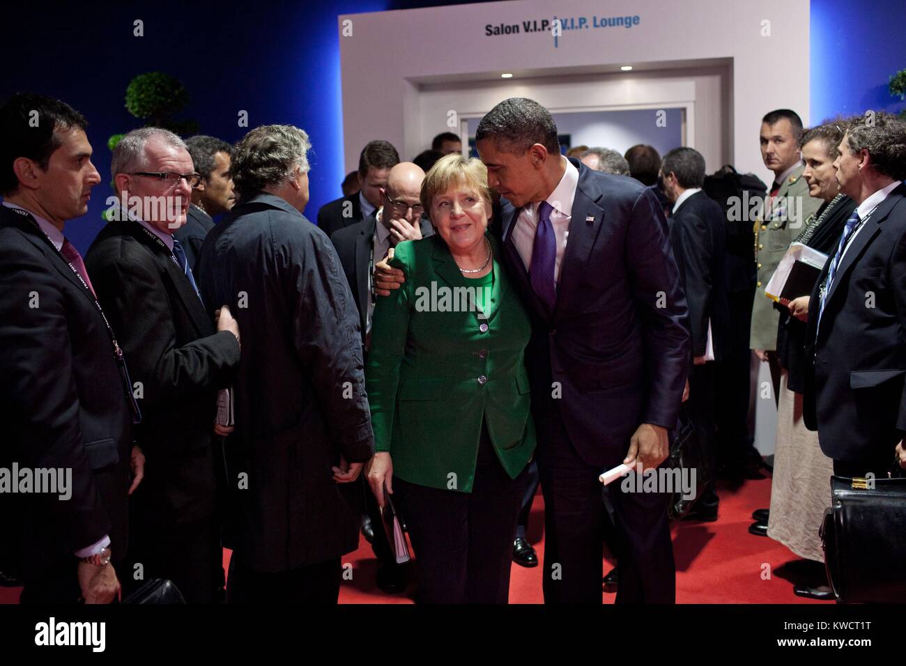 President Barack Obama walks with Chancellor Angela Merkel at the G20 Summit in Cannes, France. Nov. 3, 2011. (BSLOC 2015 3 169) Stock Photo