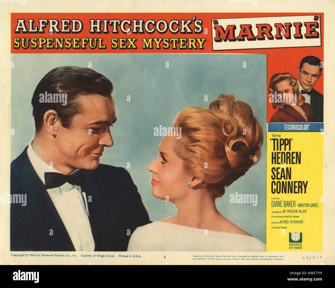 MARNIE, lobbycard, from left: Sean Connery, Tippi Hedren, 1964. Stock Photo