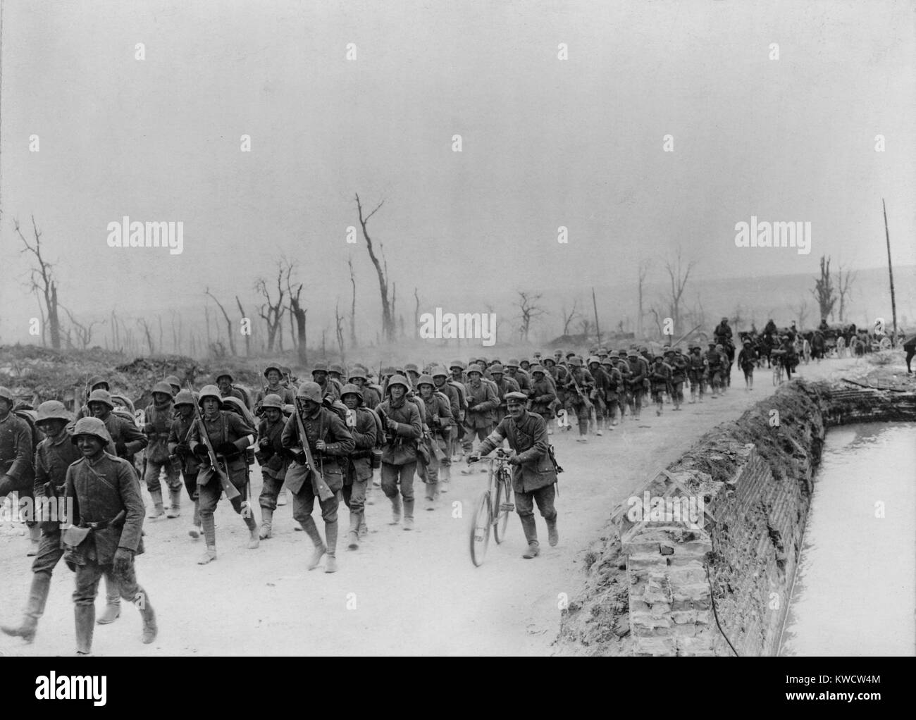 World War 1. German soldiers marching toward Albert, France during the German Offensive of Spring 1918. (BSLOC 2013 1 166) Stock Photo