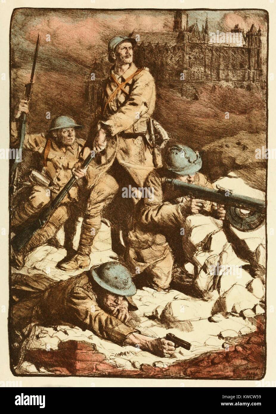 World War 1. French drawing called the Rampart of Amiens, by Lucian Jonas. French, British, and Belgian soldiers hold the Germans back at Amiens in 1918. (BSLOC 2013 1 173) Stock Photo