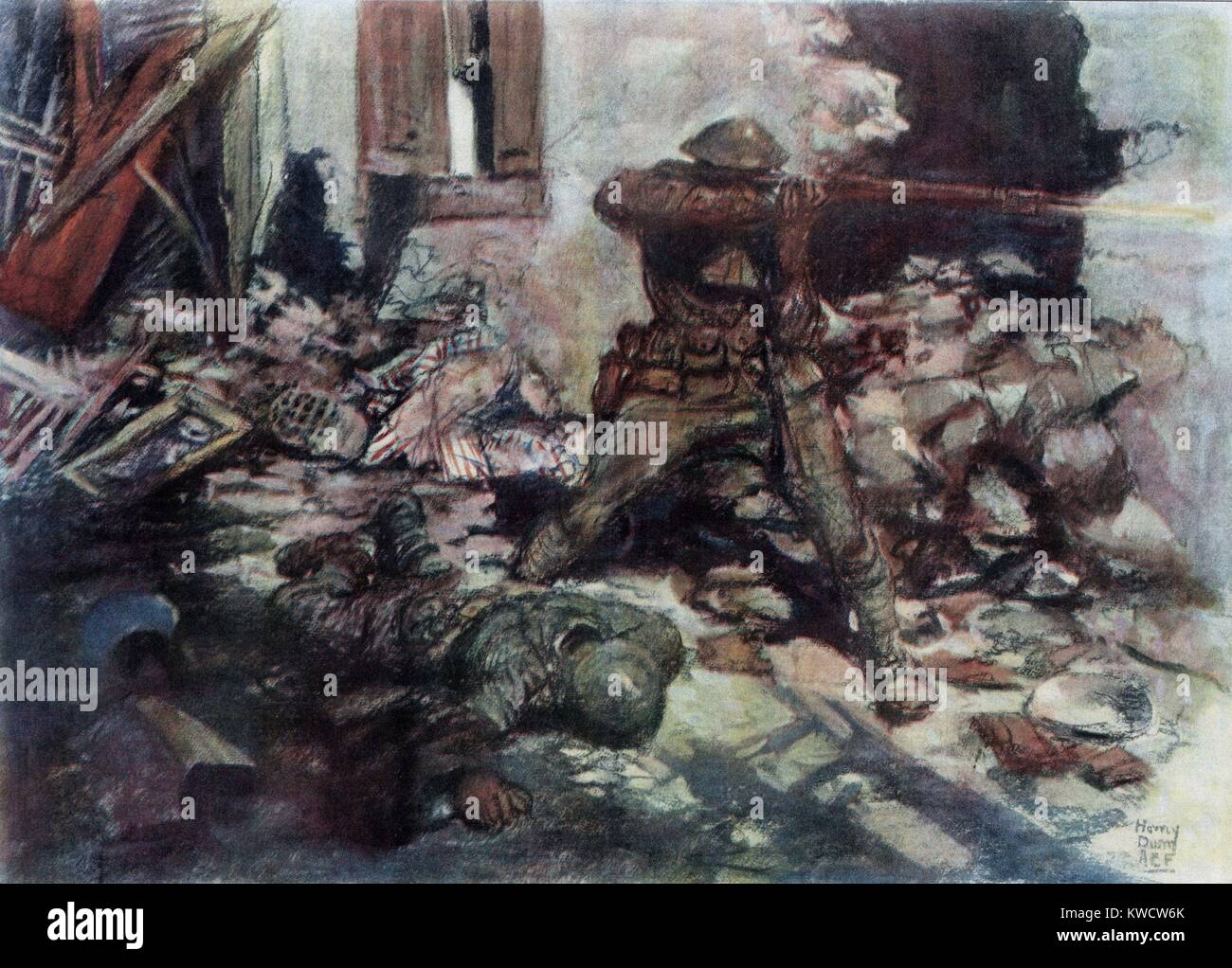 World War 1: Second Battle of the Marne. Drawing of an U.S. soldier in street fighting in a village along the Marne River. Ca. July 15 -Aug. 2, 1918. Painting by AEF Captain Harvey Dunn. (BSLOC 2013 1 190) Stock Photo