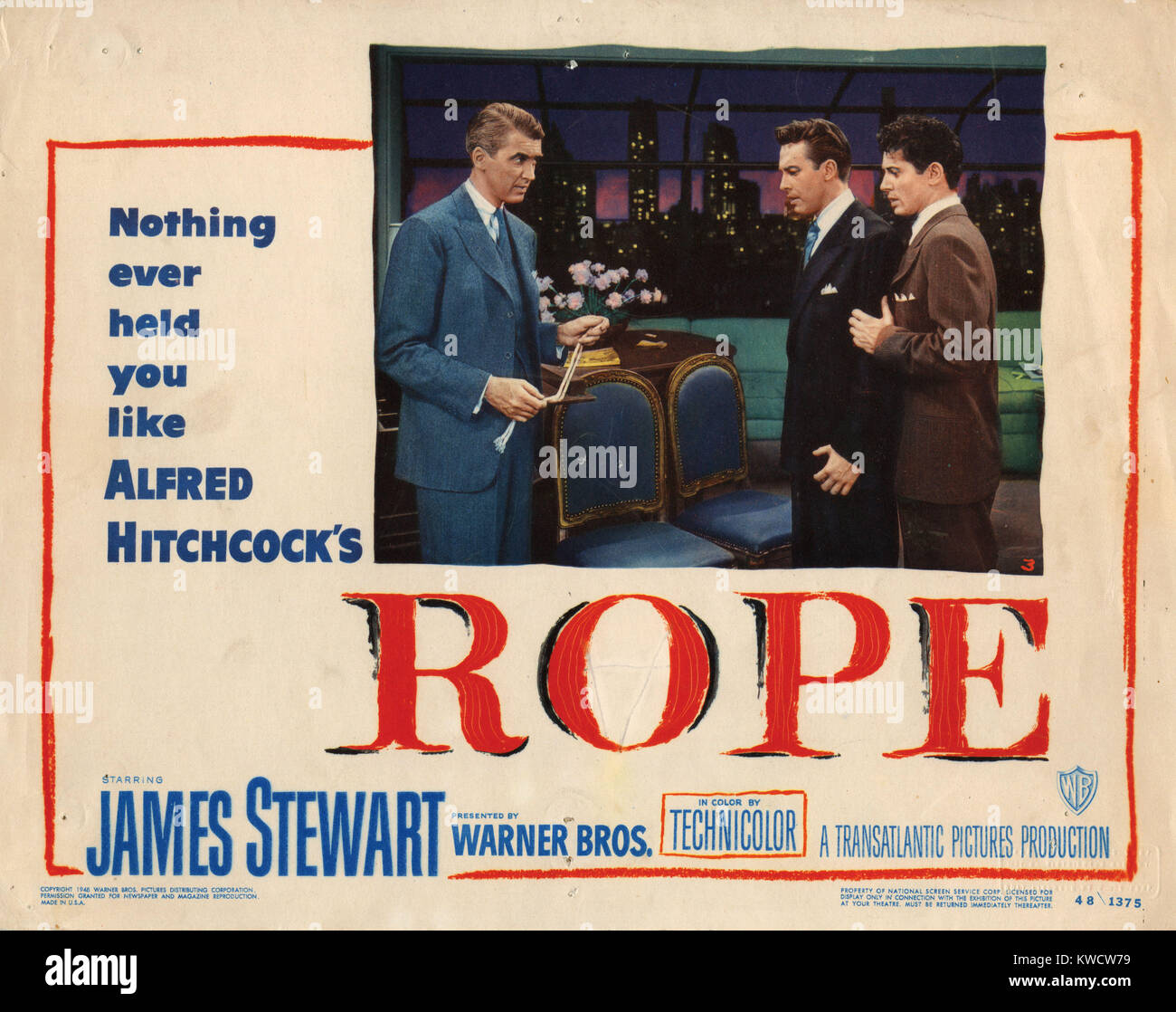 ROPE, from left James Stewart, John Dall, Farley Granger, 1948 Stock