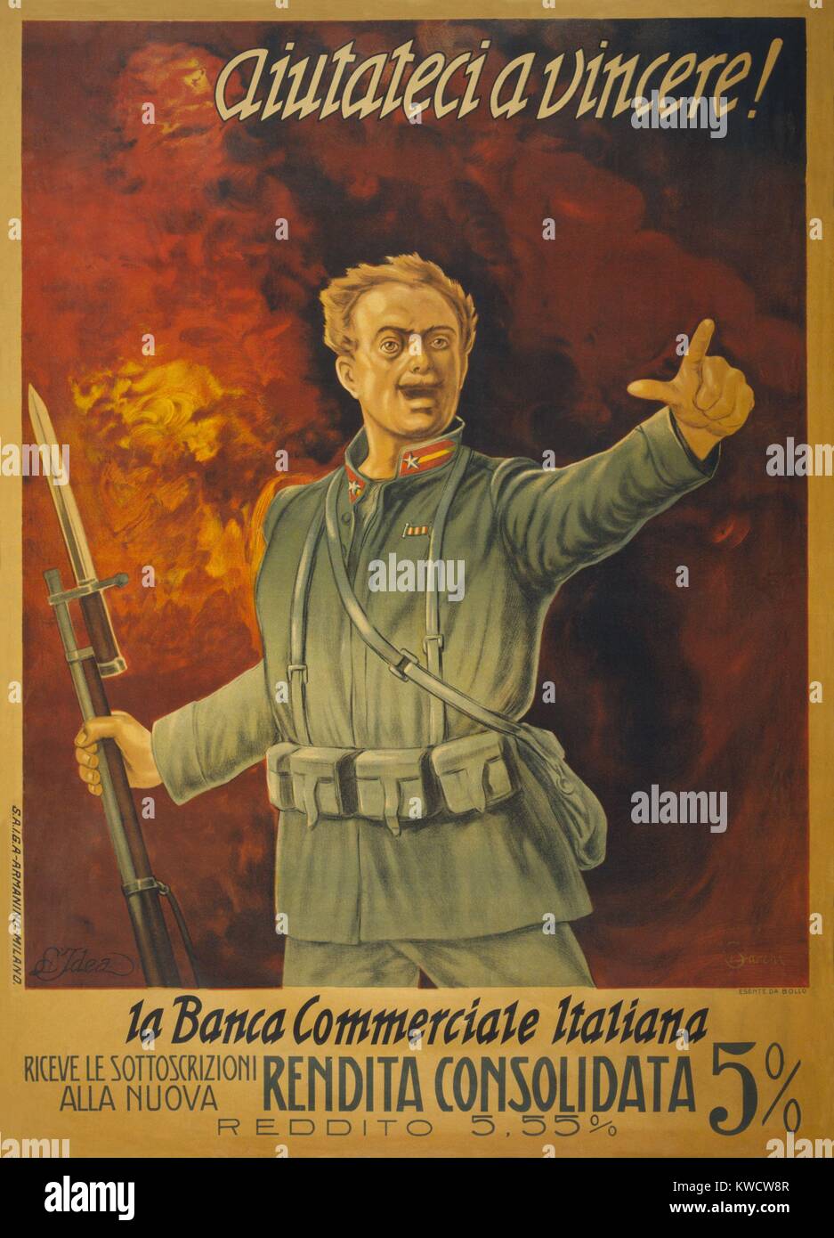 Italian World War 1 bond poster. Standing in front of a wall of fire, and Italian soldier with a bayoneted rifle assumes a heroic battle posture. The text advertises the latest subscription for war bonds offering 5% interest. (BSLOC 2013 1 22) Stock Photo