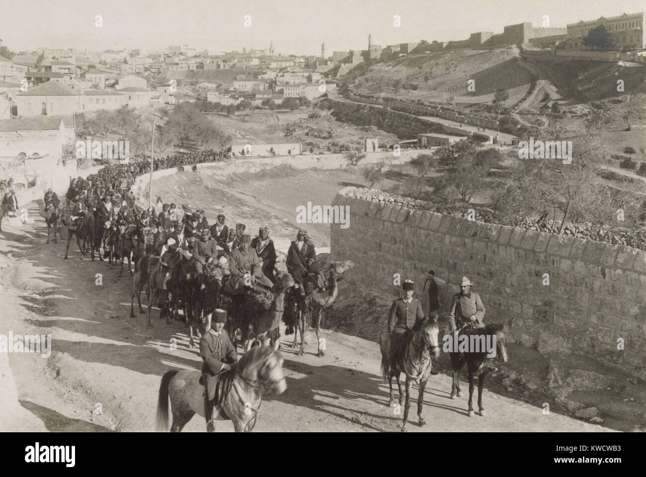 World War 1 in the Middle East. Volunteer Arab Camel Corps from South Arabia fighting with Turkish forces leaving Jerusalem for the battle front in Palestine. 1916. (BSLOC 2013 1 54) Stock Photo