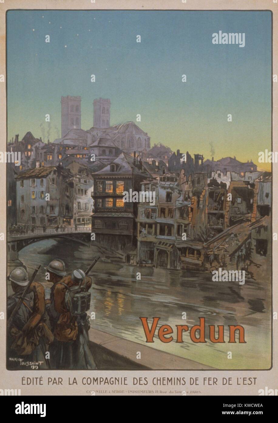 World War 1: Battle of Verdun. French poster shows soldiers marching beside a river and over a bridge into a ruined Verdun. 1919. (BSLOC 2013 1 97) Stock Photo