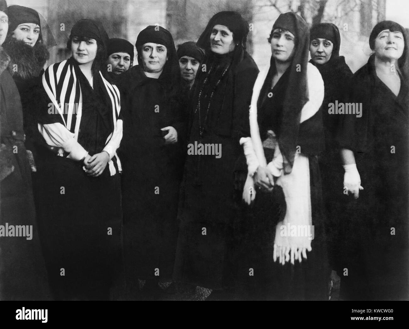 Prominent Turkish women in public without their traditional veils, 1920. Some of Istanbuls wealthiest women worked at the American Red Cross, assisting Russian refugees. The woman in the striped shawl is the daughter of the Khedive of Egypt (BSLOC 2017 1 117) Stock Photo