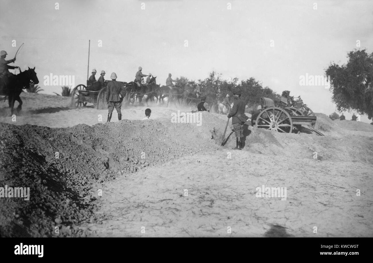 Italian artillery at Sciara Sciat, where over 500 Italian soldiers died in an Turkish-Arab attack. Another 250 prisoners were said to have been massacred. The Italian invaders retaliated by killing 4,000 civilians in Mechiya oasis, in eastern Tripoli, in (BSLOC 2017 1 127) Stock Photo