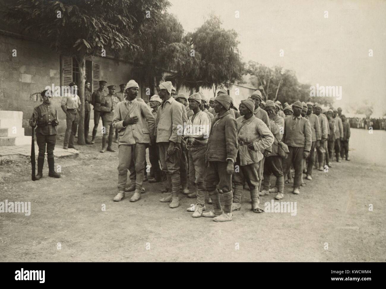 Turkish POWS captured in northern Palestine in 1918. The British offensive of Sept.-Oct, 1918 moved north from Jerusalem and reached Beirut and Damascus. Ottoman forces retreated or were captured (BSLOC 2017 1 161) Stock Photo