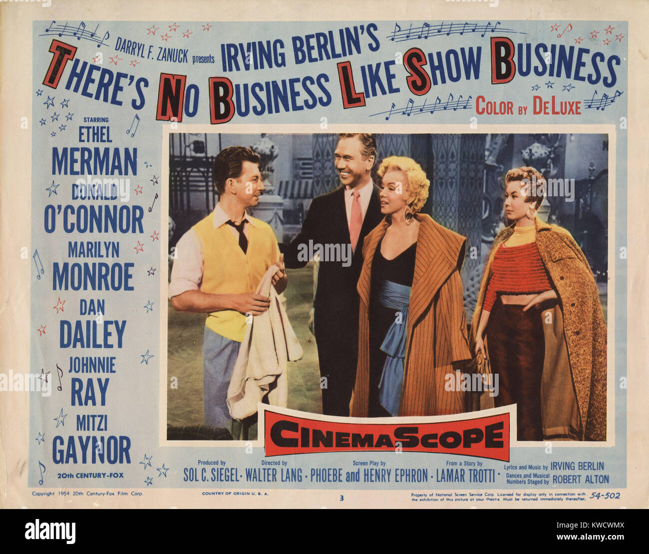 THERE'S NO BUSINESS LIKE SHOW BUSINESS, from left, Donald O'Connor, Marilyn Monroe, Mitzi Gaynor, 1954. Stock Photo