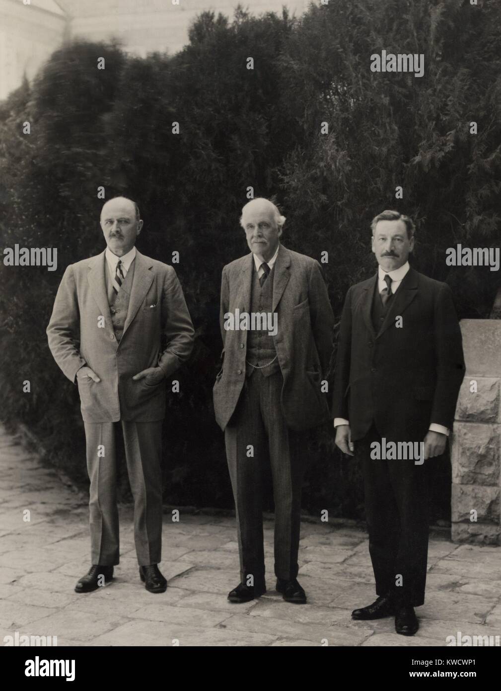 British men of power in British Mandatory Palestine, March 31, 1925. L-R: Field Marshall Lord Allenby; Lord Arthur Balfour; Sir Herbert Samuel, High Commissioner (BSLOC 2017 1 183) Stock Photo