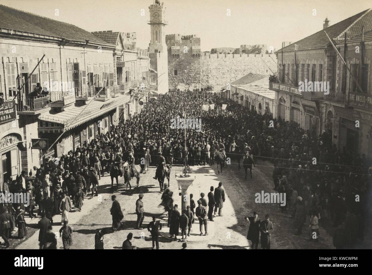 Arab anti-Zionist demonstration leaving Jaffa Gate after Friday prayers in Jerusalem in 1920 (BSLOC 2017 1 190) Stock Photo